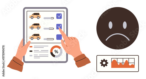 Decision making, analytics, feedback, car selection, evaluation, customer satisfaction. Hands marking checkboxes on car options, sad face emotion analytics. Decision making and analytics concept