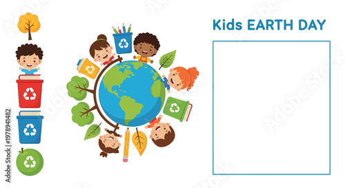 Illustrated classroom Earth Day poster featuring diverse children encircling a globe adorned with recycling symbols and trees, set against a clean white background, ideal for education