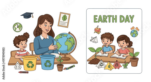 Illustrated Earth Day classroom poster featuring a teacher and child discussing recycling and environmental education in a vector design, with green and eco-friendly elements