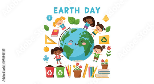 Illustrated classroom poster for Earth Day education featuring children playing around a smiling globe with recycling symbols, set against a clean white background and presented