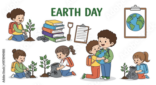 A vibrant Earth Day classroom poster design featuring cheerful children engaging in eco-friendly activities like planting trees and hugging the globe, displayed in a colorful vector