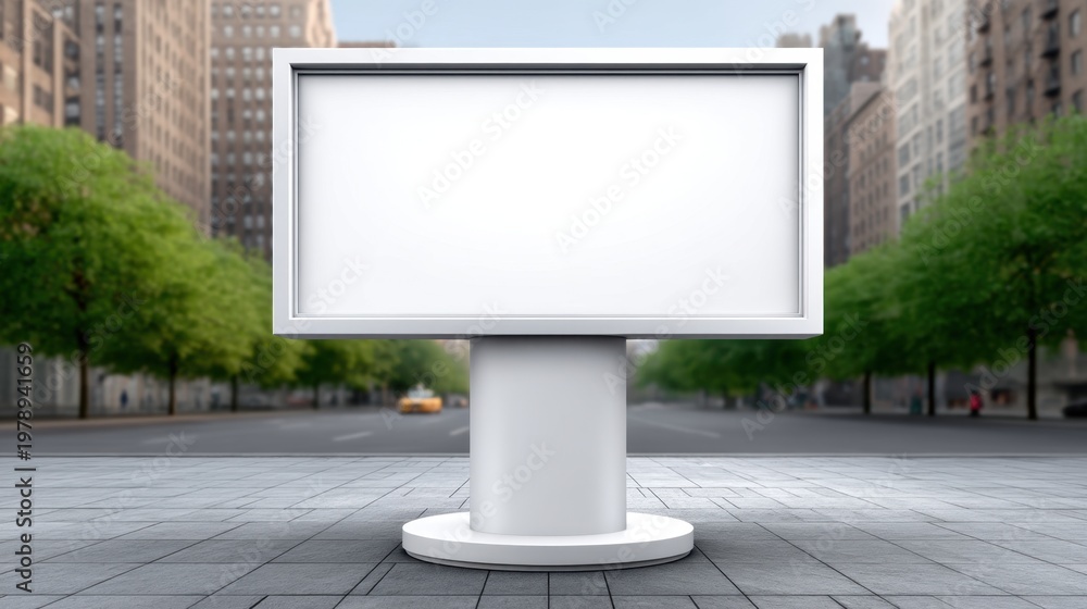Fototapeta premium Blank Outdoor Advertising Billboard Located in a City Street Surrounded by Green Trees and Urban Buildings Ideal for Custom Marketing Campaigns