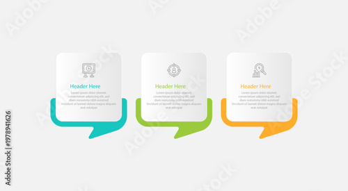 Displays three speech bubble diagrams with different color accents and headers.