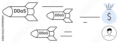Cybersecurity threats, online fraud, network attacks, digital crime, financial scams, user privacy. Three DDoS missiles aimed at money and user icon. Cybersecurity and online fraud ion