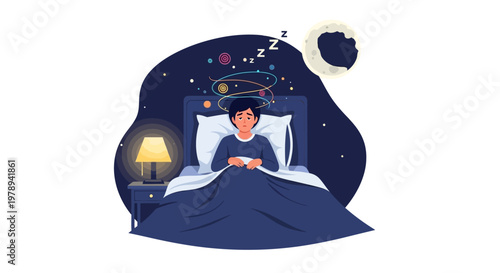 Sleepless character lying awake in bed at night, depicted with racing thoughts as planets circling their head, in an insomnia anxiety illustration against a white background