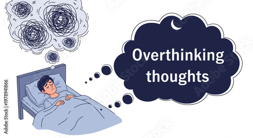 Illustrated vector of a person lying awake at night, their mind filled with racing thoughts represented by chaotic scribbles and dark thought bubbles against a clean, light background