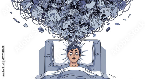Illustration of a person lying awake in bed at night, overwhelmed by racing thoughts and insomnia, depicted with a swirling cloud of mental clutter above them against a clean white