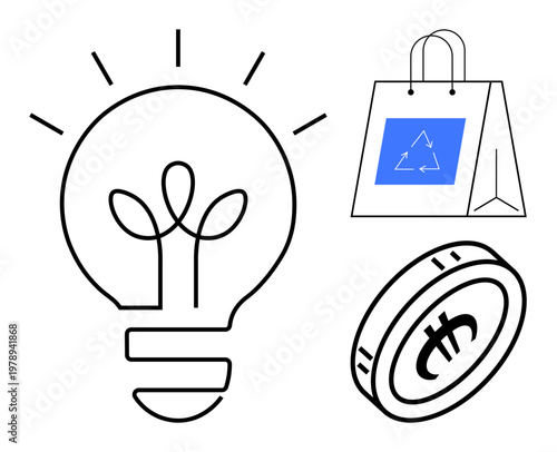 Sustainability, eco-friendly innovation, cryptocurrency, renewable energy, eco shopping, waste reduction. Line drawing a light bulb, recyclable bag and cryptocurrency coin. Sustainability
