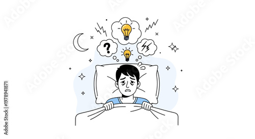 Worried character lying awake at night with insomnia, illustrated with lightbulb and question mark thought bubbles floating above, set against a clean white background, conveying a stressed