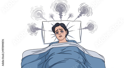 Distressed character lies awake at night in bed with insomnia, racing thoughts illustrated as swirling dark clouds above, conveying stress and anxiety in a vector design on a clean white