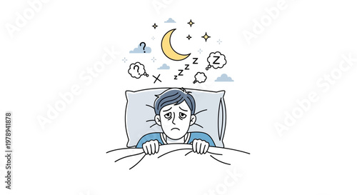 Distressed character lying awake in bed, experiencing racing thoughts and insomnia, depicted in a flat vector illustration against a white background, conveying a sense of overthinking