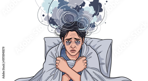 Distressed cartoon character with dark circles under their eyes lies awake in bed, struggling with racing thoughts and insomnia anxiety, rendered as a vector illustration against a clean