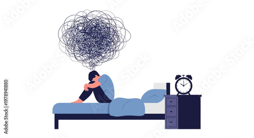 Isolated vector illustration depicts a character suffering from insomnia and racing thoughts, hunched over on a bed at night, with a jumbled thought cloud above, designed with flat colors