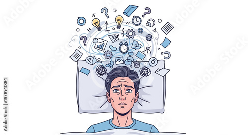 Distressed character lying awake at night, experiencing insomnia and racing thoughts as visualized through floating alarm clocks, question marks, and crumpled papers in a vector
