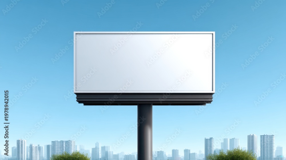 Fototapeta premium Empty Outdoor Billboard Against a Clear Blue Sky with City Skyline in the Background, Perfect for Advertising and Marketing Concepts