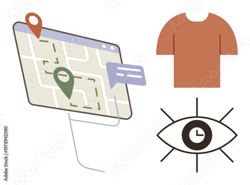 Navigation apps, time management, clothing design, map tracking, user experience, graphic design. Map with location pins, an eye with a clock and a t-shirt graphic. Navigation apps and time
