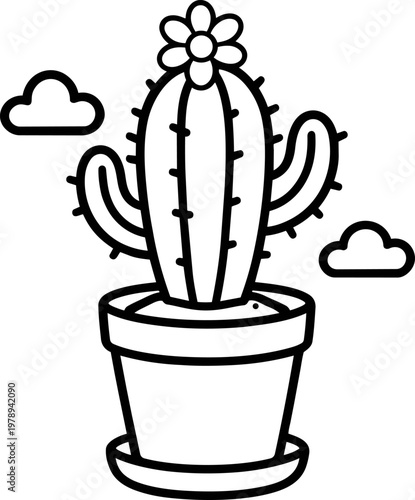 Cute cactus in pot line art illustration. Simple black outline vector plant with flower. Minimal design, isolated on white, perfect for coloring pages, stickers and design projects.