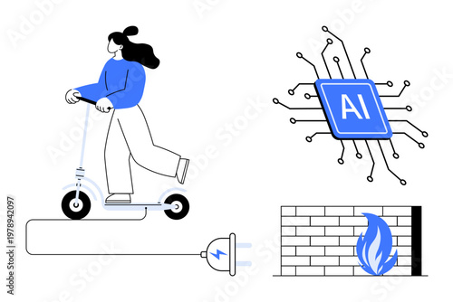 Renewable energy, artificial intelligence, fire safety, technology innovation, eco-friendly transport, smart solutions. A woman on an e-scooter, an AI chip and fire protection . Renewable energy