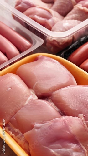 Various cuts of fresh chicken and sausages lay on a kitchen counter, filled with vibrant colors and textures.