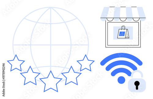 Online shopping, cybersecurity, global trade, customer reviews, rating systems, internet security. A globe with stars, a storefront icon wireless and padlock. Online shopping and cybersecurity