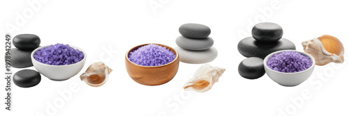 Luxury Spa Relaxation Set Featuring Purple Bath Salts with Zen Basalt Stones and Natural Seashells on White