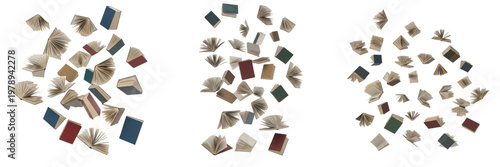 Exploding Floating Pile of Vintage Hardcover Books with Flying Open Pages and Scattered Literature on White