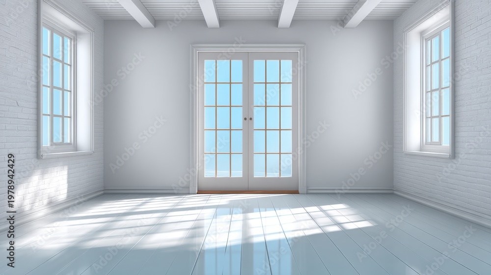 Fototapeta premium Bright and Airy Interior Space with White Walls and Large Windows Bathed in Natural Light Ideal for Modern Architecture and Minimalist Design Scenarios