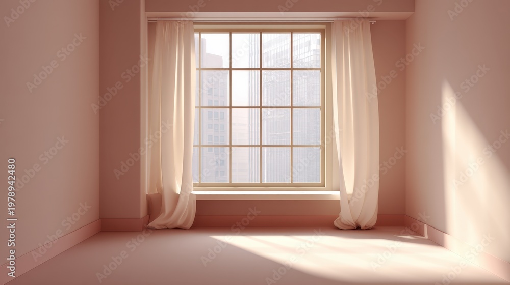 Fototapeta premium Serene and Bright Interior Scene with Soft Curtains Framing a Large Window in a Minimalist Room Bathed in Natural Light and Calm Ambiance