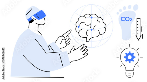 Virtual reality, AI, eco-friendly tech, sustainability, innovation, and carbon footprint measurement. Person using VR with a brain diagram, footprint with CO2 and energy-efficient ideas. Virtual