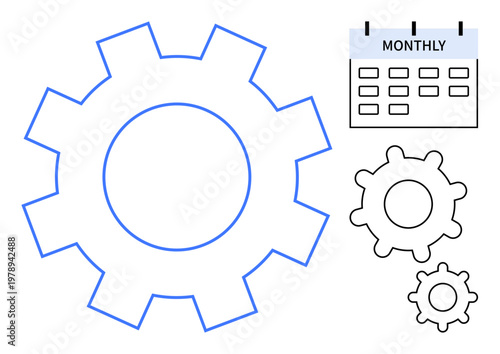 Time management, workflow, productivity planning, scheduling, organization, efficiency. Large gear with smaller gears and monthly calendar icon. Time management and workflow concepts