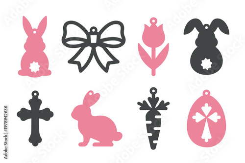 Vector Easter designs of earrings, pendant or keychain with bunny, carrot, cross, tulip, bow and egg. Jewelry cutting template. Laser cut with leather, wood or metal. Hanging bijouterie stencils