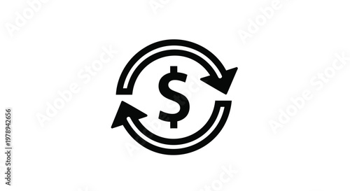 Minimalist dollar sign icon with circular arrows, black currency exchange symbol vector, financial transaction and cash flow graphic on white background