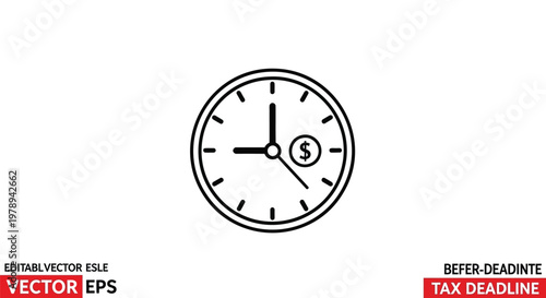 Tax deadline clock icon with dollar sign, financial time management vector illustration, business payment schedule and tax season concept