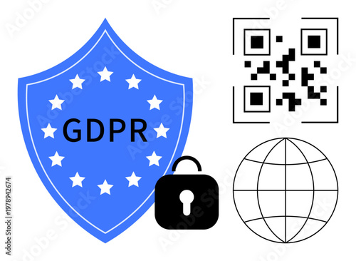 Data privacy, internet security, GDPR compliance, digital protection, access control, global connectivity. Blue shield with GDPR text, QR code lock and globe. GDPR compliance and internet security
