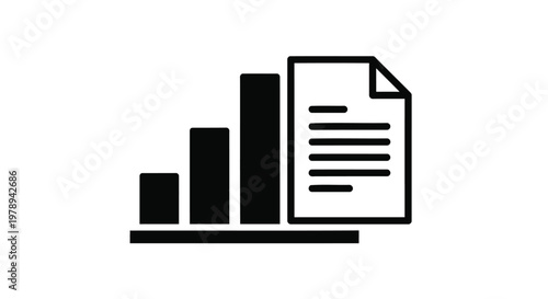 Minimalist business report icon, black bar chart with document vector, financial data analysis symbol, professional growth and statistics graphic