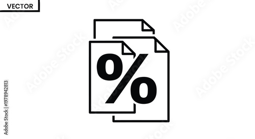 Minimalist percentage document icon, black line art tax papers with percent symbol, financial interest rate reports vector illustration