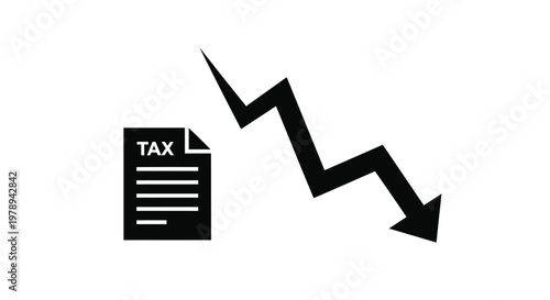 Tax reduction icon with downward arrow, financial document showing tax cut, black and white vector illustration of decreasing taxes and fiscal relief