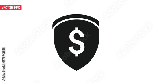 Financial protection shield icon with dollar sign, black money security vector symbol, secure payment and banking insurance graphic for business