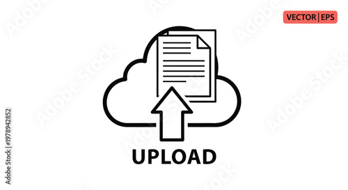 Cloud upload icon vector, black line art document transfer symbol, digital storage and file hosting graphic, simple web interface element