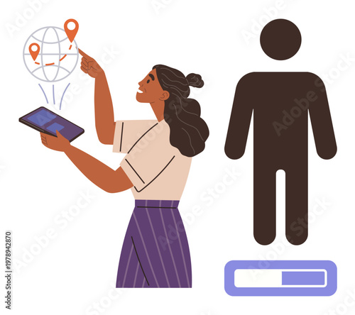 Digital navigation, technology growth, user interface, data tracking, global reach, human . A woman points to a map on a tablet with digital indicators. Digital navigation and technology growth
