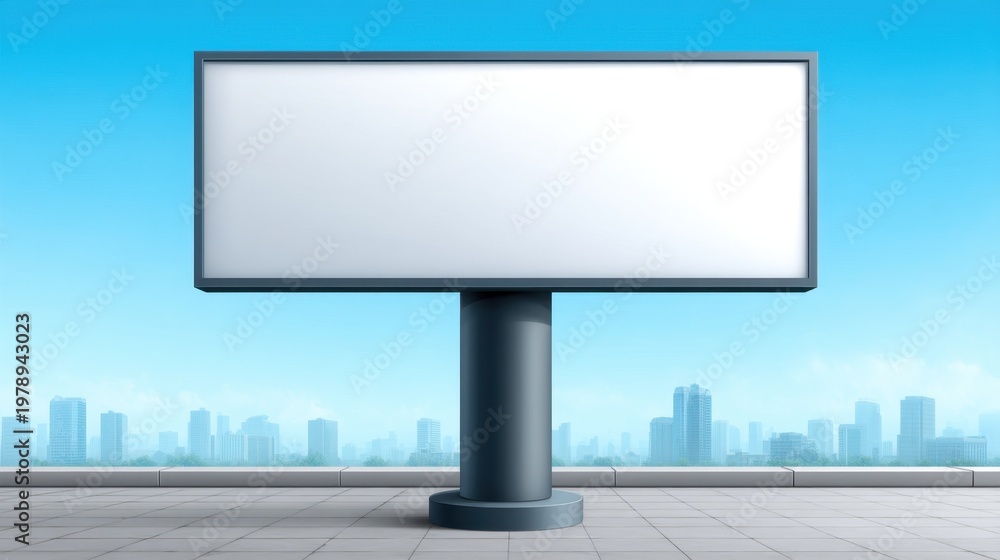 Fototapeta premium Blank Billboard in Urban Setting with Clear Blue Sky and City Skyline View, Perfect for Advertising and Promotional Campaigns