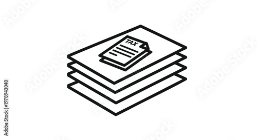 Tax document stack vector icon, black and white line art of financial paperwork, pile of tax forms and business reports for accounting