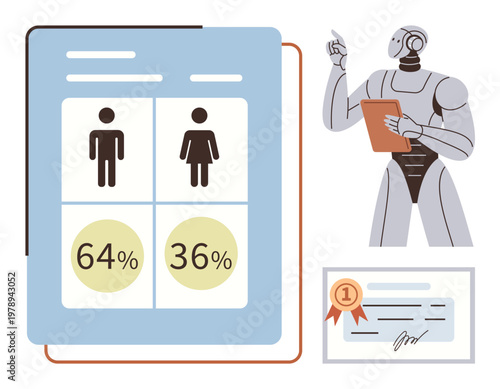 Data analysis, AI solutions, robotics in research, gender statistics, certificate validation, digital tools. A robot with a clipboard analyzing gender statistics. Data analysis and AI solutions