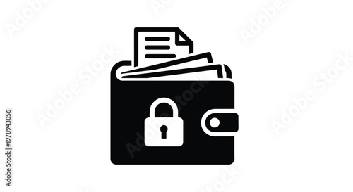 Secure digital wallet icon with padlock, financial data protection vector, black and white money safety symbol for banking and cyber security