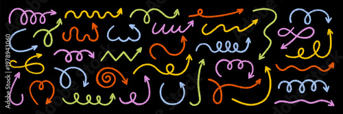 Arrows crayon and chalk pencil comic symbols with grunge texture doodle set. Squiggly direction pointers in sketch style. Hand drawn vector illustration isolated on black background