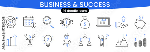Business success and Startup idea doodle icon set. Hand drawn goal, award trophy, strategic planning in sketch style. Vector illustration isolated on white background