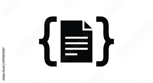 Minimalist JSON code icon vector, black software programming document symbol, flat web development file with curly brackets for coding
