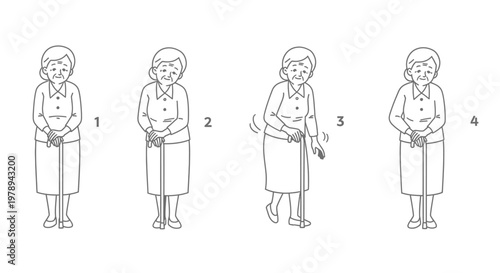 An elderly woman demonstrates four stages of movement with a cane.