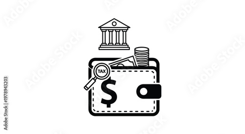 Financial tax management icon, tax day  black and white wallet with dollar sign and bank building, tax audit magnifying glass with money and coins vector