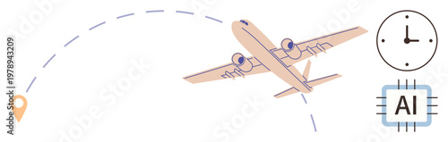 Air travel, route planning, AI technology, navigation systems, travel scheduling, automation. Illustration showing an airplane, clock location pin and AI chip. Air travel and route planning concept